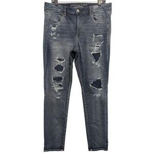 American Eagle Skinny Jeans Womens 16 Long Blue Distressed Super Stretch